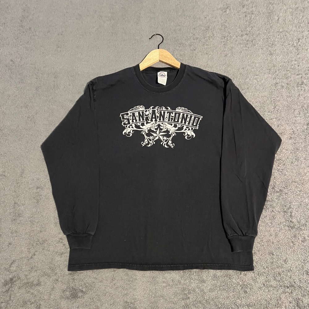 Vintage Y2K San Antonio Graphic Long Sleeve Shirt Mens Large Black Grunge